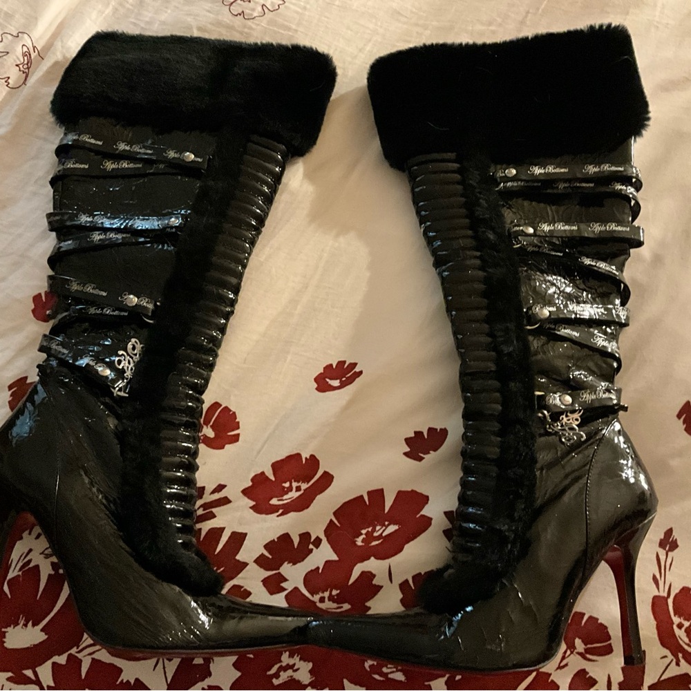 Apple Bottoms Black Heeled Boots with Fur and Glossy Accents